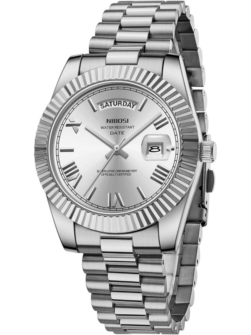Nibosi Men's Silver Analog Quartz Stainless Steel Waterproof Desiger Wrist Watch